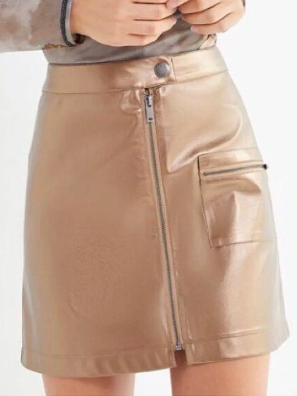 Urban Outfitters Metallic Bronze Faux Leather Mini Skirt with Front Zip